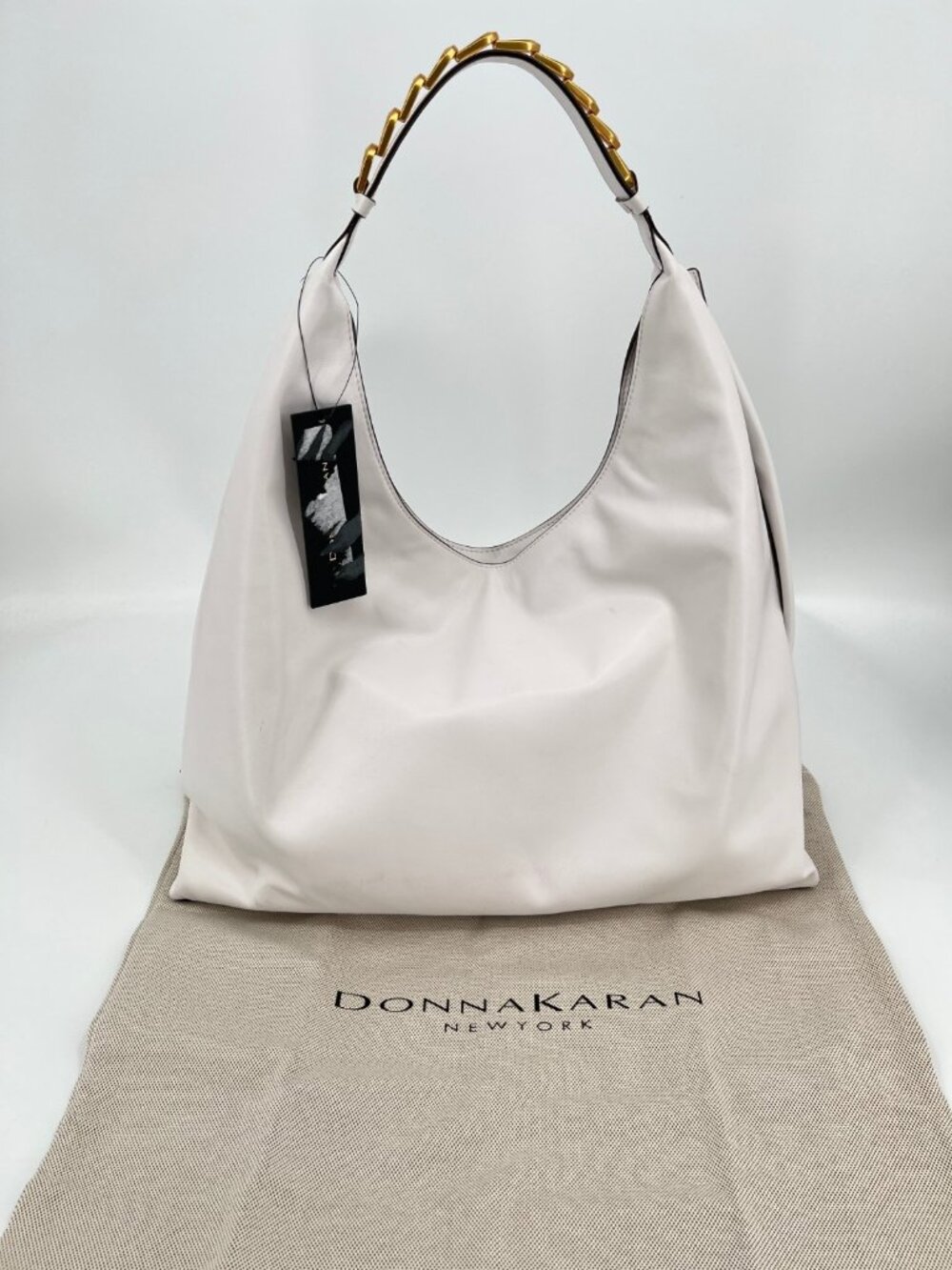 NWT Donna Karan Bellmore Shoulder Bag Ivory Synthetic Gold Chain Zip Pocket Hobo